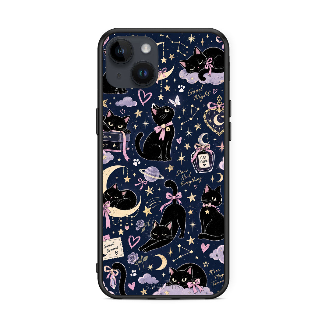 Θήκη iPhone 14 Plus Celestial Black Cats on Navy από τη Smartfits με σχέδιο στο πίσω μέρος και μαύρο περίβλημα | iPhone 14 Plus Celestial Black Cats on Navy case with colorful back and black bezels