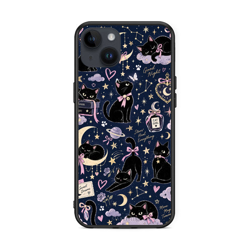 Θήκη iPhone 14 Plus Celestial Black Cats on Navy από τη Smartfits με σχέδιο στο πίσω μέρος και μαύρο περίβλημα | iPhone 14 Plus Celestial Black Cats on Navy case with colorful back and black bezels