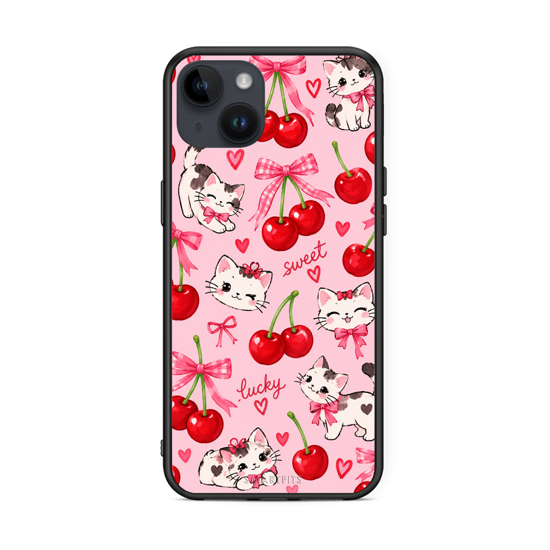 Θήκη iPhone 14 Plus Cherries Bows and Kittens on Pink από τη Smartfits με σχέδιο στο πίσω μέρος και μαύρο περίβλημα | iPhone 14 Plus Cherries Bows and Kittens on Pink case with colorful back and black bezels