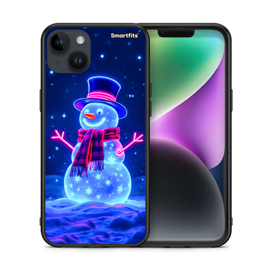 Θήκη iPhone 14 Plus Christmas Neon Snowman από τη Smartfits με σχέδιο στο πίσω μέρος και μαύρο περίβλημα | iPhone 14 Plus Christmas Neon Snowman case with colorful back and black bezels