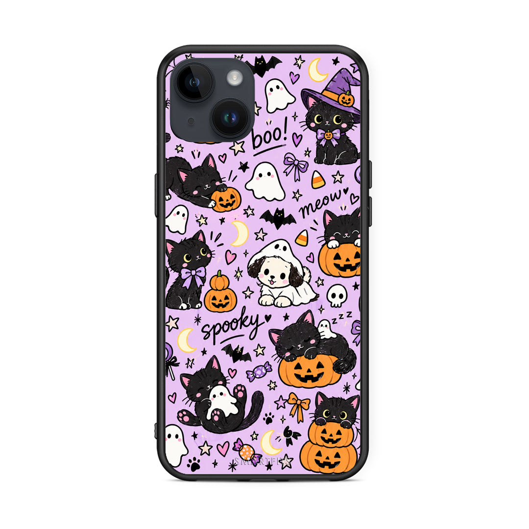 Θήκη iPhone 14 Plus Halloween Black Cats on Lilac από τη Smartfits με σχέδιο στο πίσω μέρος και μαύρο περίβλημα | iPhone 14 Plus Halloween Black Cats on Lilac case with colorful back and black bezels