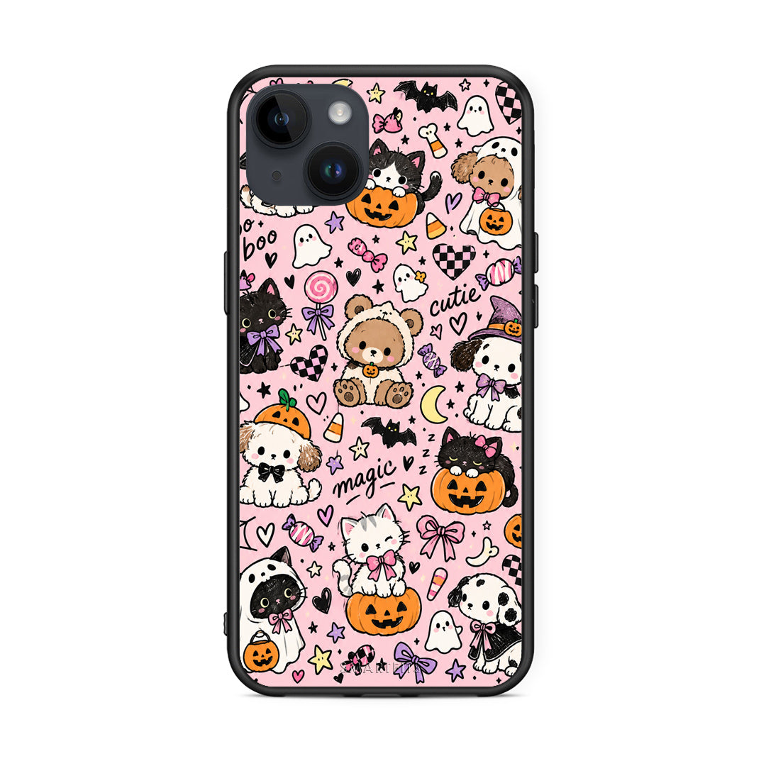 Θήκη iPhone 14 Plus Halloween Cute Animals on Pink από τη Smartfits με σχέδιο στο πίσω μέρος και μαύρο περίβλημα | iPhone 14 Plus Halloween Cute Animals on Pink case with colorful back and black bezels