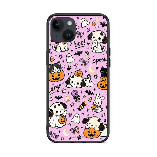 Θήκη iPhone 14 Plus Halloween Puppies and Friends on Lilac από τη Smartfits με σχέδιο στο πίσω μέρος και μαύρο περίβλημα | iPhone 14 Plus Halloween Puppies and Friends on Lilac case with colorful back and black bezels