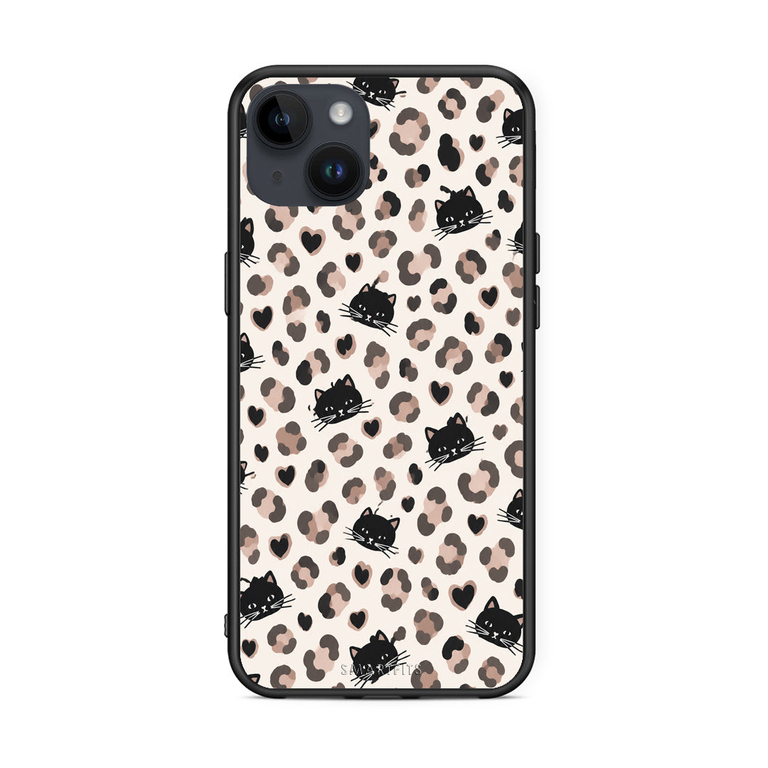 Θήκη iPhone 14 Plus Leopard Spots and Black Cats on Cream από τη Smartfits με σχέδιο στο πίσω μέρος και μαύρο περίβλημα | iPhone 14 Plus Leopard Spots and Black Cats on Cream case with colorful back and black bezels