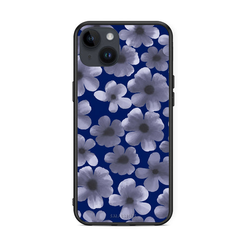 Θήκη iPhone 14 Plus Pale Blue Flowers on Navy από τη Smartfits με σχέδιο στο πίσω μέρος και μαύρο περίβλημα | iPhone 14 Plus Pale Blue Flowers on Navy case with colorful back and black bezels