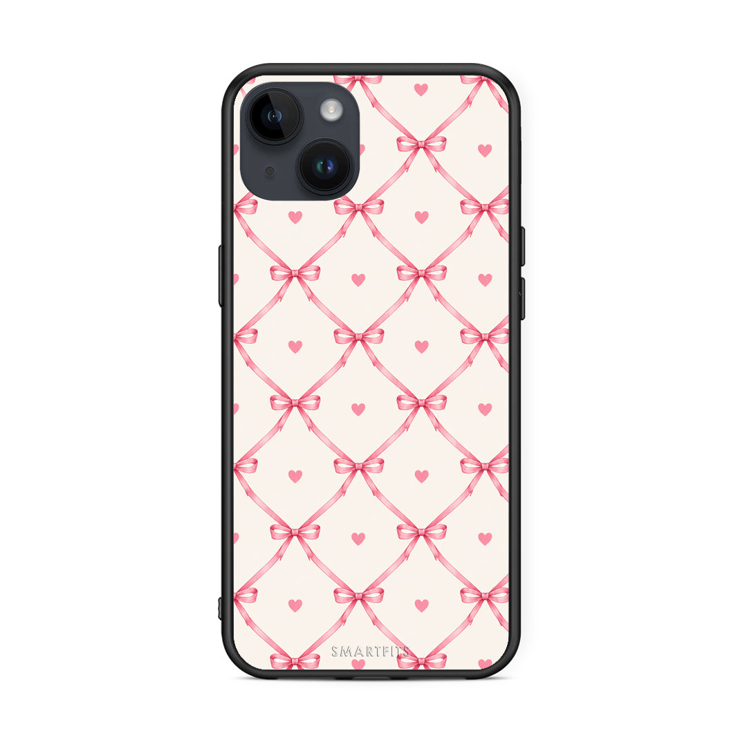 Θήκη iPhone 14 Plus Pink Bow Lattice and Hearts on Cream από τη Smartfits με σχέδιο στο πίσω μέρος και μαύρο περίβλημα | iPhone 14 Plus Pink Bow Lattice and Hearts on Cream case with colorful back and black bezels