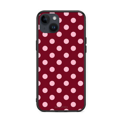 Θήκη iPhone 14 Plus Pink Polka Dots on Burgundy από τη Smartfits με σχέδιο στο πίσω μέρος και μαύρο περίβλημα | iPhone 14 Plus Pink Polka Dots on Burgundy case with colorful back and black bezels