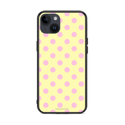 Θήκη iPhone 14 Plus Pink Polka Dots on Yellow από τη Smartfits με σχέδιο στο πίσω μέρος και μαύρο περίβλημα | iPhone 14 Plus Pink Polka Dots on Yellow case with colorful back and black bezels