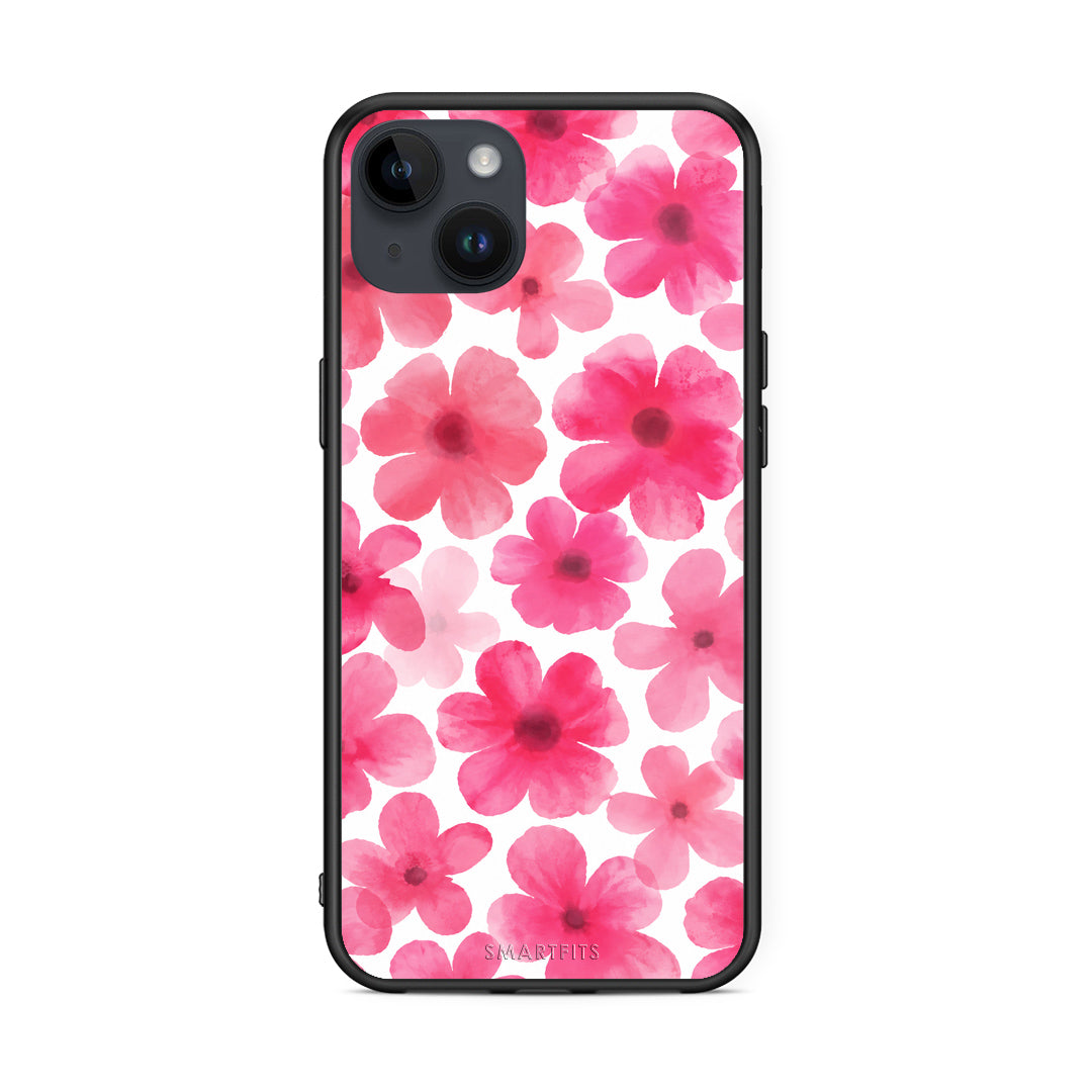 Θήκη iPhone 14 Plus Pink Watercolour Flowers on White από τη Smartfits με σχέδιο στο πίσω μέρος και μαύρο περίβλημα | iPhone 14 Plus Pink Watercolour Flowers on White case with colorful back and black bezels