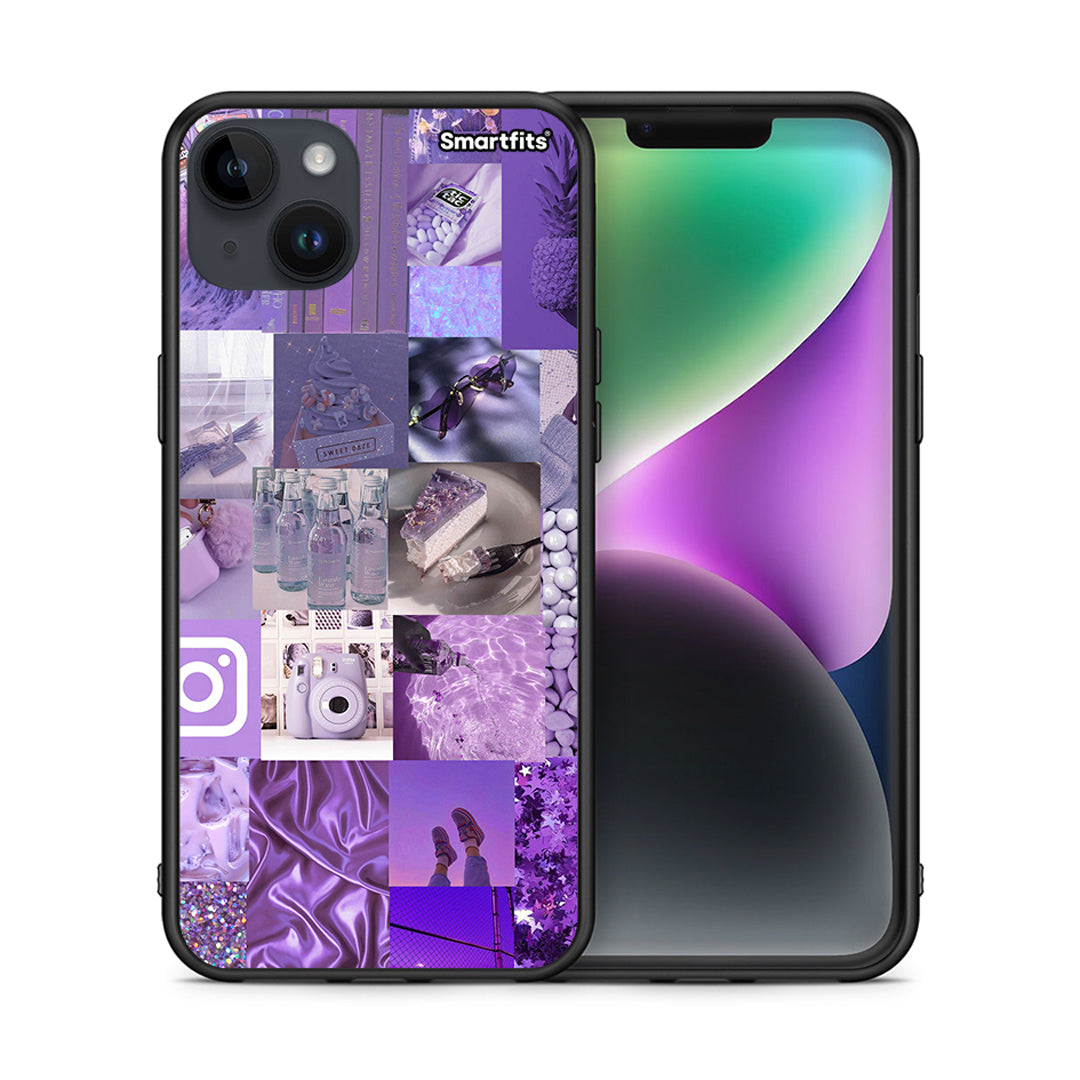Θήκη iPhone 15 Plus Purple Aesthetic Collage από τη Smartfits με σχέδιο στο πίσω μέρος και μαύρο περίβλημα | iPhone 15 Plus Purple Aesthetic Collage case with colorful back and black bezels