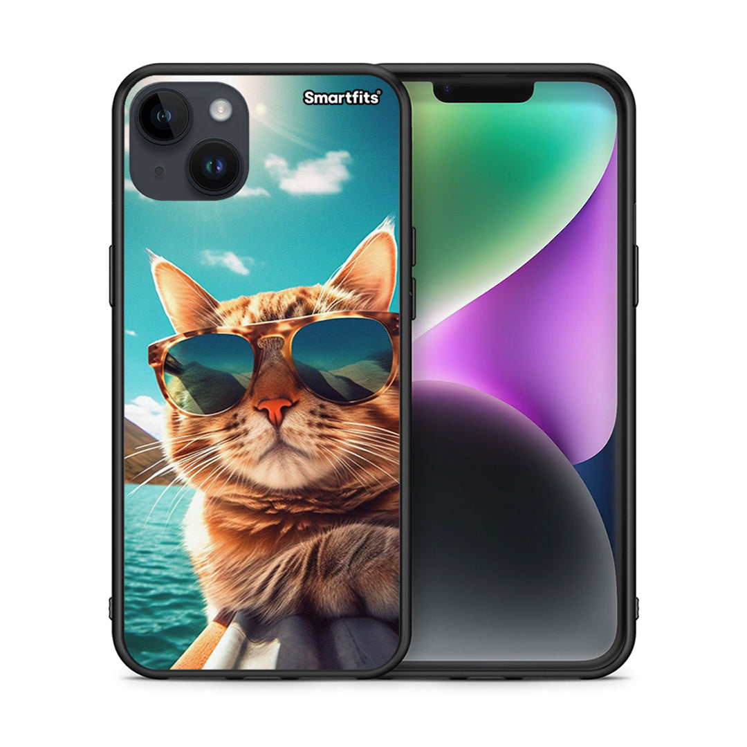 Θήκη iPhone 15 Plus Summer Cat από τη Smartfits με σχέδιο στο πίσω μέρος και μαύρο περίβλημα | iPhone 15 Plus Summer Cat case with colorful back and black bezels