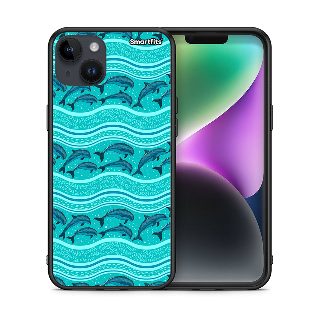 Θήκη iPhone 15 Plus Swimming Dolphins από τη Smartfits με σχέδιο στο πίσω μέρος και μαύρο περίβλημα | iPhone 15 Plus Swimming Dolphins case with colorful back and black bezels