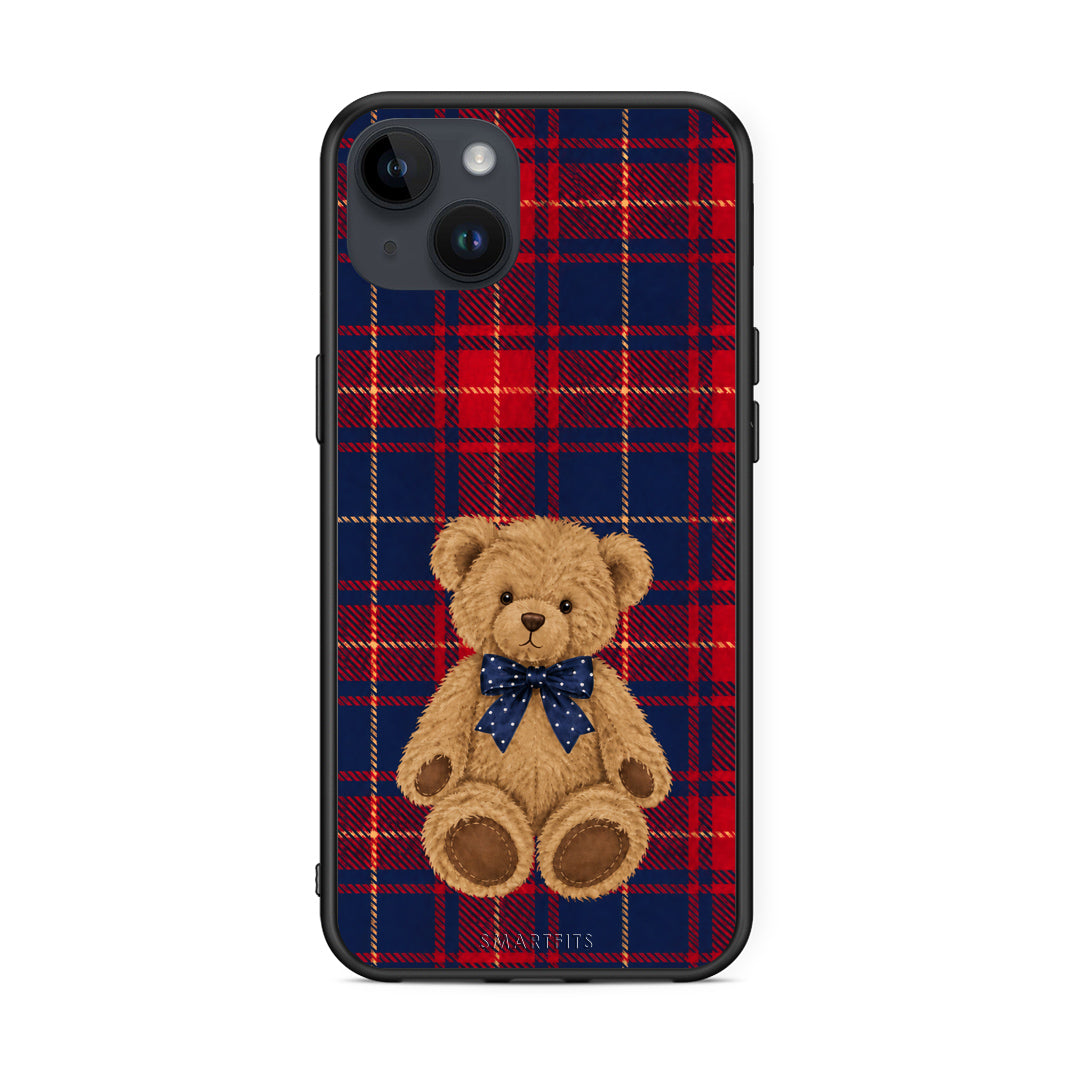 Θήκη iPhone 14 Plus Teddy Bear on Red and Navy Tartan από τη Smartfits με σχέδιο στο πίσω μέρος και μαύρο περίβλημα | iPhone 14 Plus Teddy Bear on Red and Navy Tartan case with colorful back and black bezels