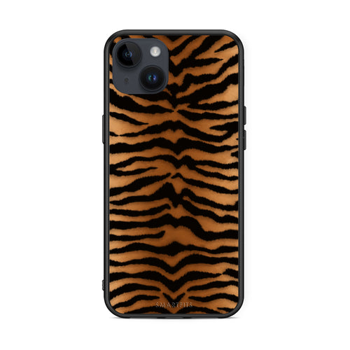 Θήκη iPhone 14 Plus Tiger Print Orange and Black από τη Smartfits με σχέδιο στο πίσω μέρος και μαύρο περίβλημα | iPhone 14 Plus Tiger Print Orange and Black case with colorful back and black bezels