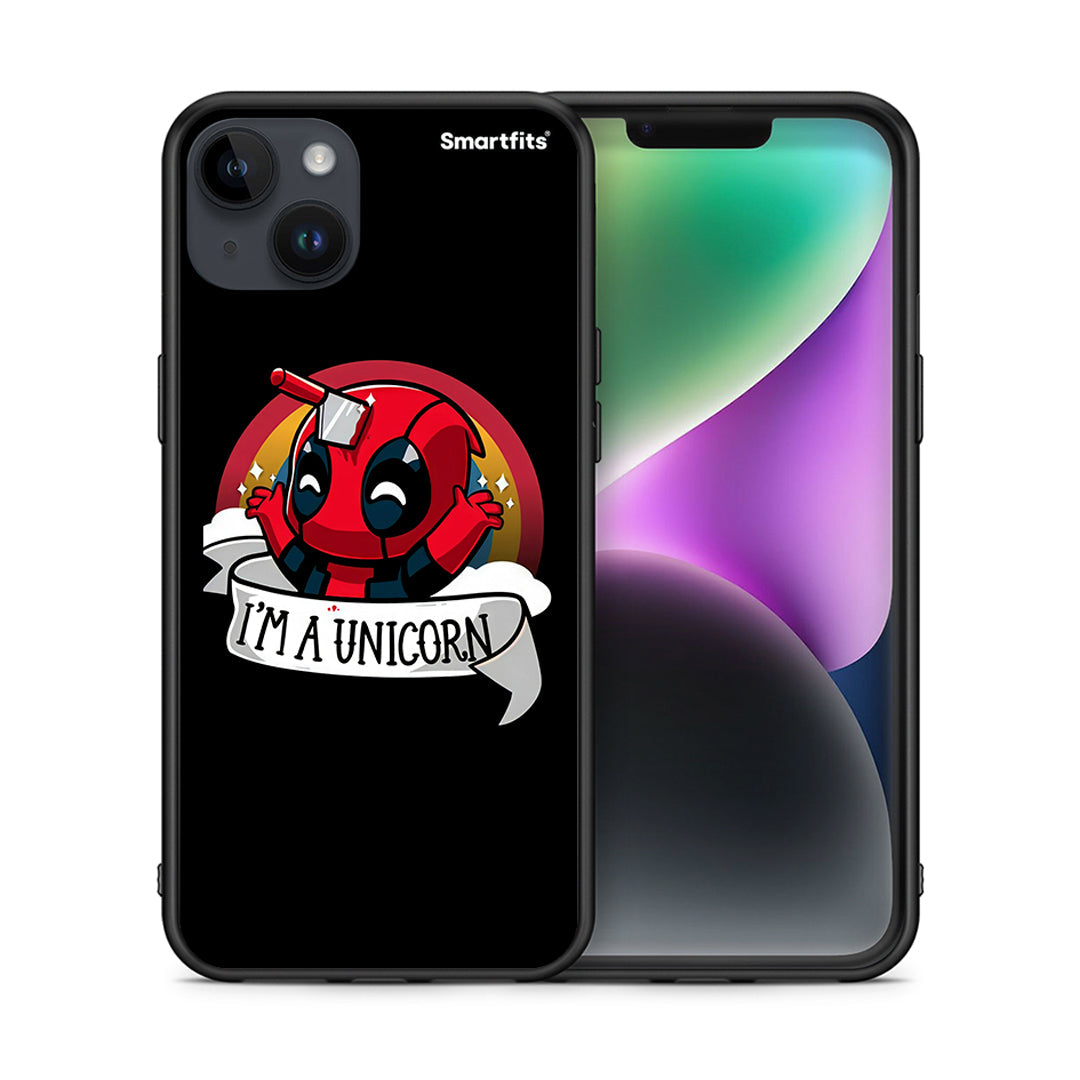 Θήκη iPhone 15 Plus Unicorn Deadpool από τη Smartfits με σχέδιο στο πίσω μέρος και μαύρο περίβλημα | iPhone 15 Plus Unicorn Deadpool case with colorful back and black bezels