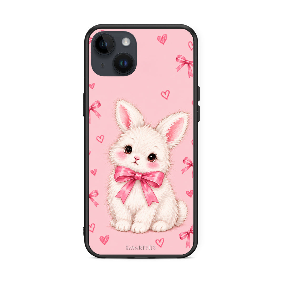 Θήκη iPhone 14 Plus White Bunny and Pink Bows από τη Smartfits με σχέδιο στο πίσω μέρος και μαύρο περίβλημα | iPhone 14 Plus White Bunny and Pink Bows case with colorful back and black bezels