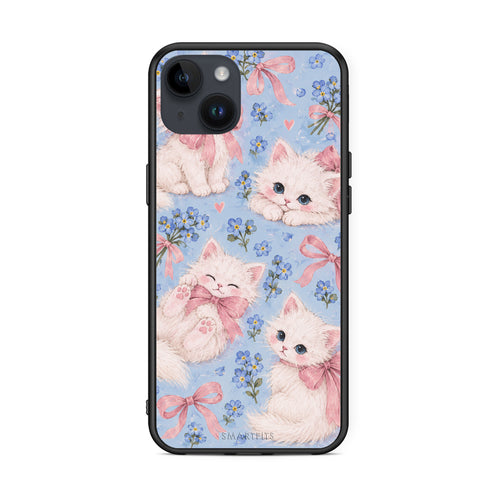 Θήκη iPhone 14 Plus White Kittens and Blue Flowers Large από τη Smartfits με σχέδιο στο πίσω μέρος και μαύρο περίβλημα | iPhone 14 Plus White Kittens and Blue Flowers Large case with colorful back and black bezels