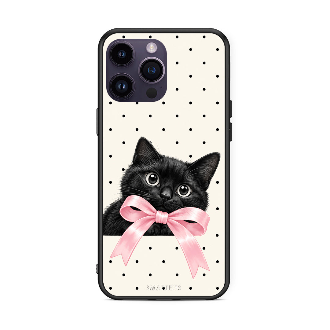 Θήκη iPhone 14 Pro Black Kitten Pink Bow and Polka Dots από τη Smartfits με σχέδιο στο πίσω μέρος και μαύρο περίβλημα | iPhone 14 Pro Black Kitten Pink Bow and Polka Dots case with colorful back and black bezels