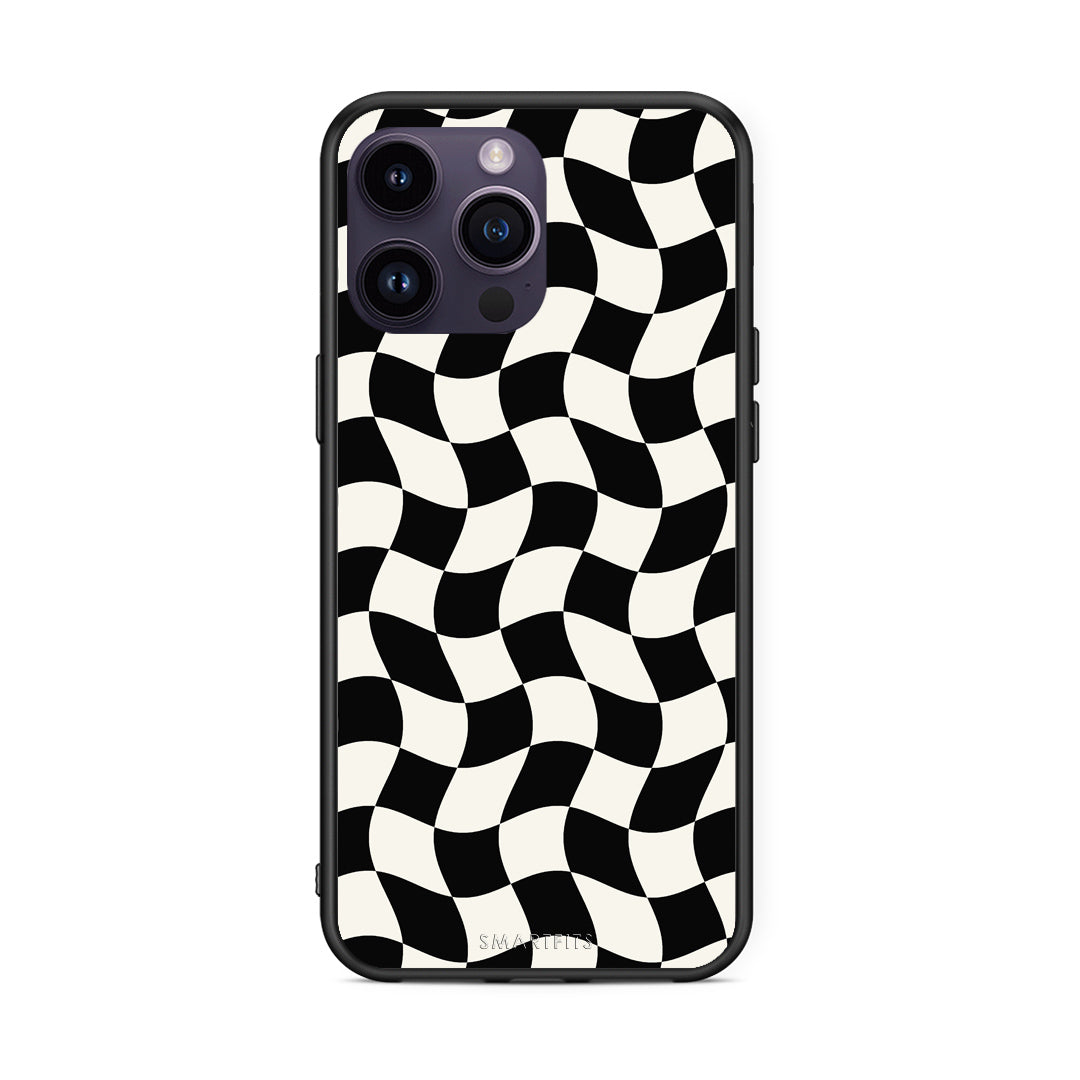 Θήκη iPhone 14 Pro Black and Cream Wavy Checkerboard από τη Smartfits με σχέδιο στο πίσω μέρος και μαύρο περίβλημα | iPhone 14 Pro Black and Cream Wavy Checkerboard case with colorful back and black bezels