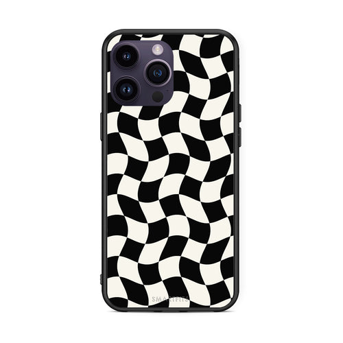 Θήκη iPhone 14 Pro Black and Cream Wavy Checkerboard από τη Smartfits με σχέδιο στο πίσω μέρος και μαύρο περίβλημα | iPhone 14 Pro Black and Cream Wavy Checkerboard case with colorful back and black bezels