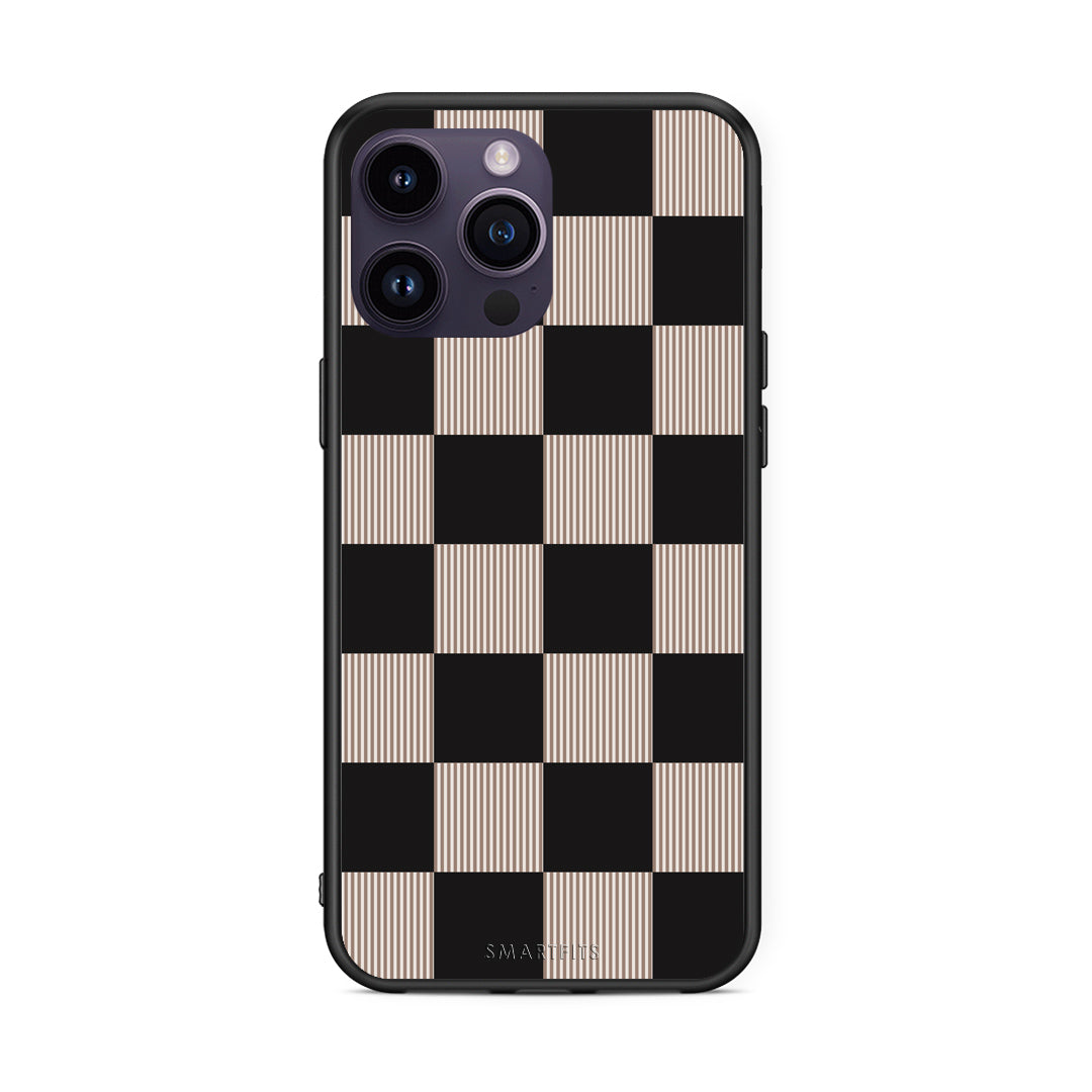Θήκη iPhone 14 Pro Black and Taupe Striped Checks από τη Smartfits με σχέδιο στο πίσω μέρος και μαύρο περίβλημα | iPhone 14 Pro Black and Taupe Striped Checks case with colorful back and black bezels