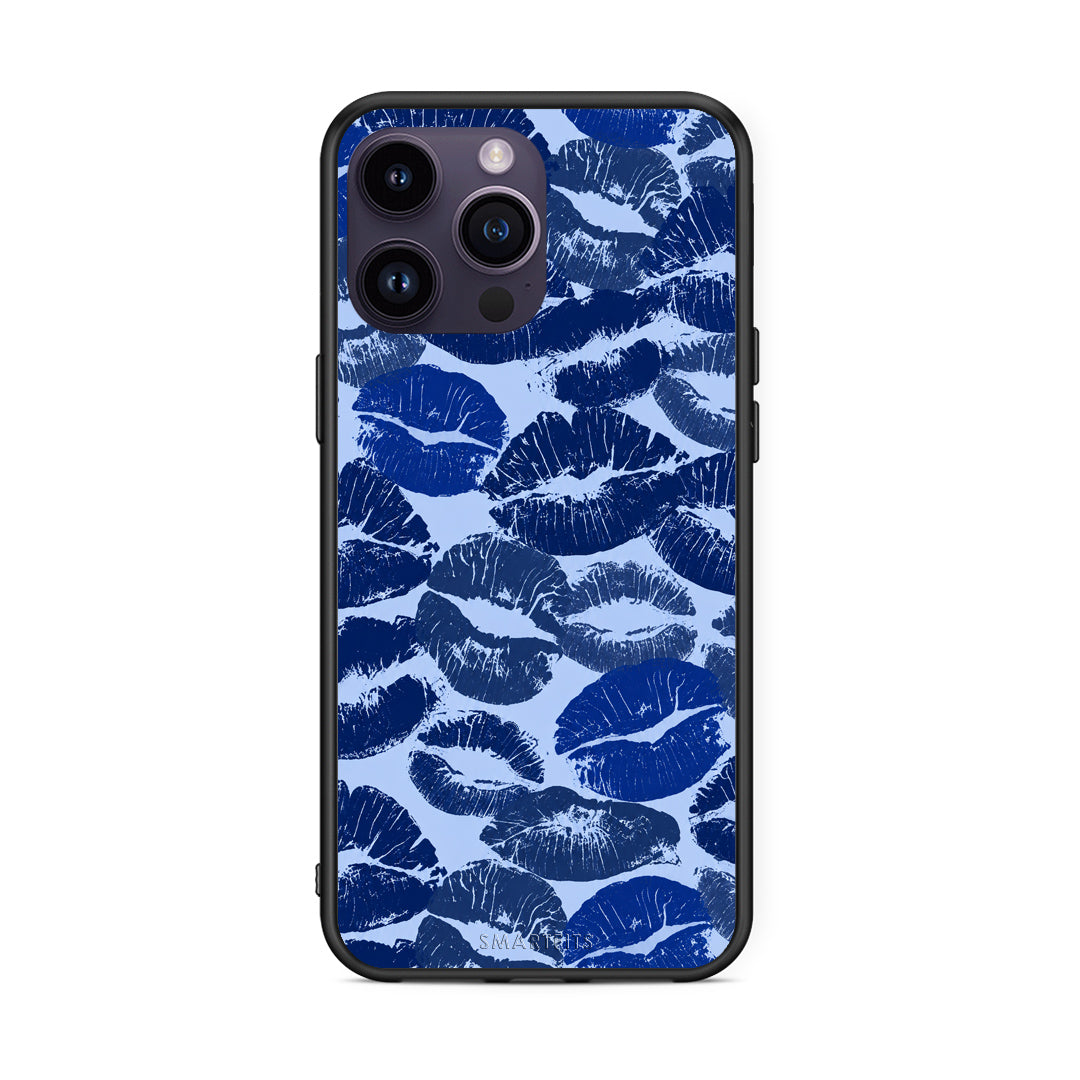 Θήκη iPhone 14 Pro Blue Lipstick Kisses από τη Smartfits με σχέδιο στο πίσω μέρος και μαύρο περίβλημα | iPhone 14 Pro Blue Lipstick Kisses case with colorful back and black bezels