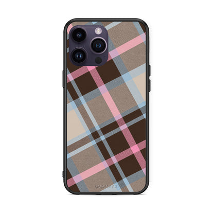Θήκη iPhone 14 Pro Brown Pink and Blue Diagonal Plaid από τη Smartfits με σχέδιο στο πίσω μέρος και μαύρο περίβλημα | iPhone 14 Pro Brown Pink and Blue Diagonal Plaid case with colorful back and black bezels