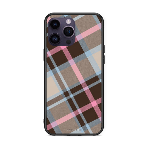 Θήκη iPhone 14 Pro Brown Pink and Blue Diagonal Plaid από τη Smartfits με σχέδιο στο πίσω μέρος και μαύρο περίβλημα | iPhone 14 Pro Brown Pink and Blue Diagonal Plaid case with colorful back and black bezels