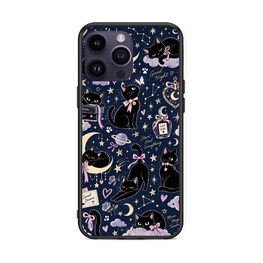 Θήκη iPhone 14 Pro Celestial Black Cats on Navy από τη Smartfits με σχέδιο στο πίσω μέρος και μαύρο περίβλημα | iPhone 14 Pro Celestial Black Cats on Navy case with colorful back and black bezels