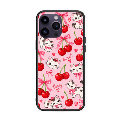 Θήκη iPhone 14 Pro Cherries Bows and Kittens on Pink από τη Smartfits με σχέδιο στο πίσω μέρος και μαύρο περίβλημα | iPhone 14 Pro Cherries Bows and Kittens on Pink case with colorful back and black bezels