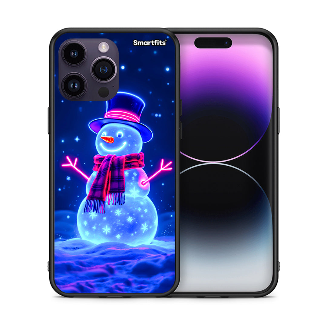 Θήκη iPhone 14 Pro Christmas Neon Snowman από τη Smartfits με σχέδιο στο πίσω μέρος και μαύρο περίβλημα | iPhone 14 Pro Christmas Neon Snowman case with colorful back and black bezels