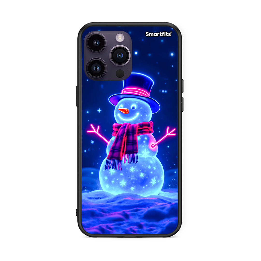 iPhone 14 Pro Christmas Neon Snowman θήκη από τη Smartfits με σχέδιο στο πίσω μέρος και μαύρο περίβλημα | Smartphone case with colorful back and black bezels by Smartfits