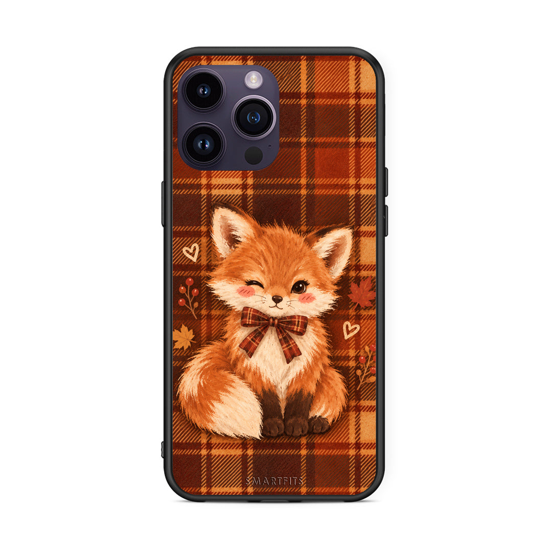 Θήκη iPhone 14 Pro Fox on Autumn Tartan από τη Smartfits με σχέδιο στο πίσω μέρος και μαύρο περίβλημα | iPhone 14 Pro Fox on Autumn Tartan case with colorful back and black bezels