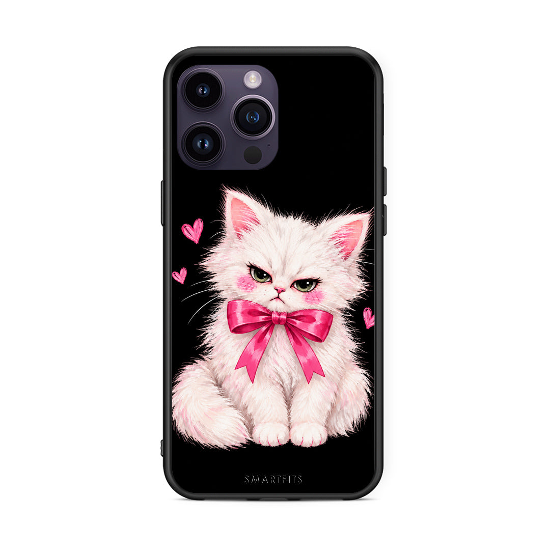 Θήκη iPhone 14 Pro Grumpy Party Kitten on Black από τη Smartfits με σχέδιο στο πίσω μέρος και μαύρο περίβλημα | iPhone 14 Pro Grumpy Party Kitten on Black case with colorful back and black bezels
