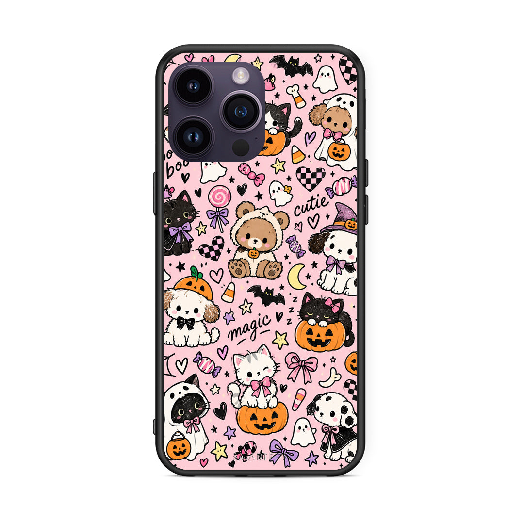 Θήκη iPhone 14 Pro Halloween Cute Animals on Pink από τη Smartfits με σχέδιο στο πίσω μέρος και μαύρο περίβλημα | iPhone 14 Pro Halloween Cute Animals on Pink case with colorful back and black bezels