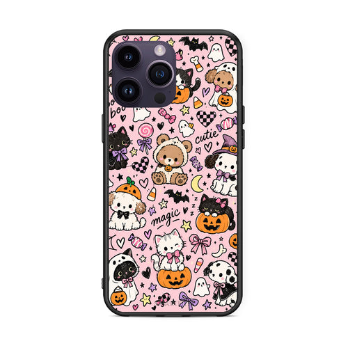 Θήκη iPhone 14 Pro Halloween Cute Animals on Pink από τη Smartfits με σχέδιο στο πίσω μέρος και μαύρο περίβλημα | iPhone 14 Pro Halloween Cute Animals on Pink case with colorful back and black bezels