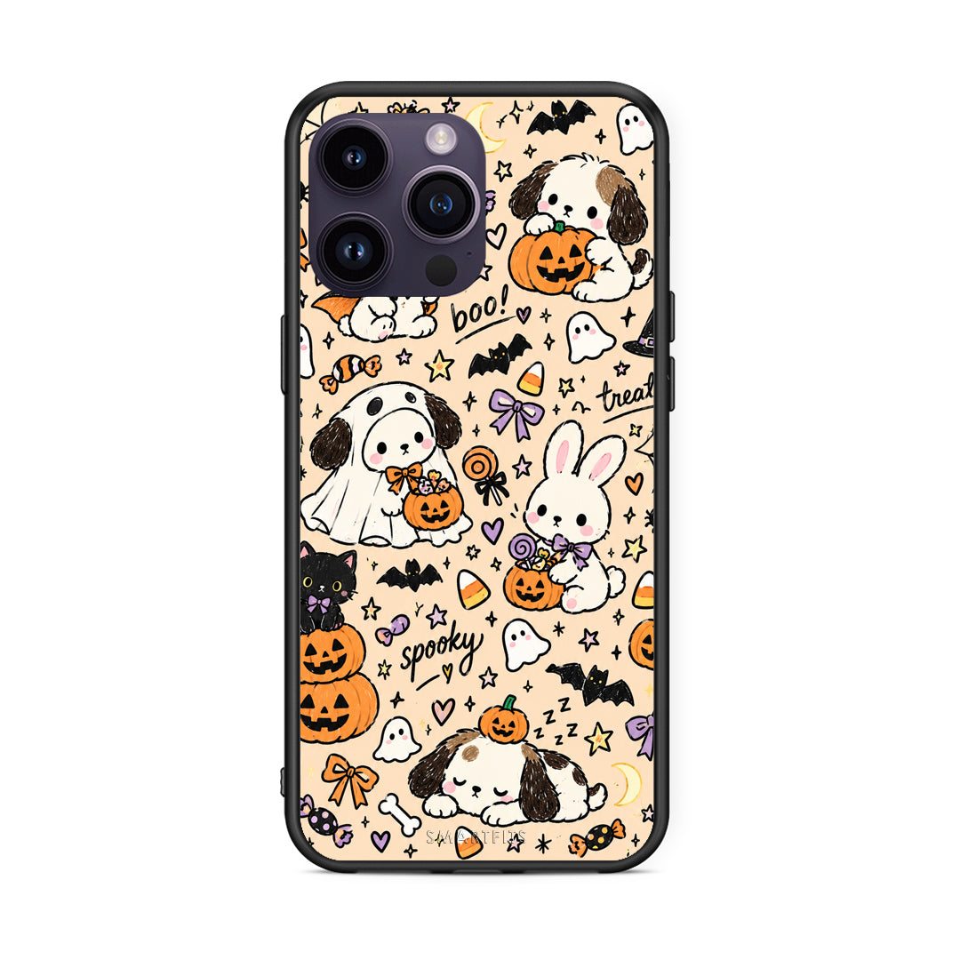 Θήκη iPhone 14 Pro Halloween Puppies and Friends on Cream από τη Smartfits με σχέδιο στο πίσω μέρος και μαύρο περίβλημα | iPhone 14 Pro Halloween Puppies and Friends on Cream case with colorful back and black bezels