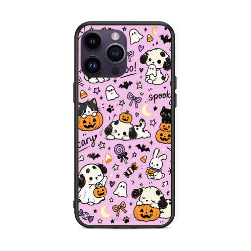 Θήκη iPhone 14 Pro Halloween Puppies and Friends on Lilac από τη Smartfits με σχέδιο στο πίσω μέρος και μαύρο περίβλημα | iPhone 14 Pro Halloween Puppies and Friends on Lilac case with colorful back and black bezels