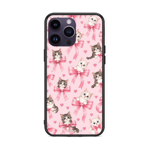 Θήκη iPhone 14 Pro Kittens and Pink Bows on Pink από τη Smartfits με σχέδιο στο πίσω μέρος και μαύρο περίβλημα | iPhone 14 Pro Kittens and Pink Bows on Pink case with colorful back and black bezels
