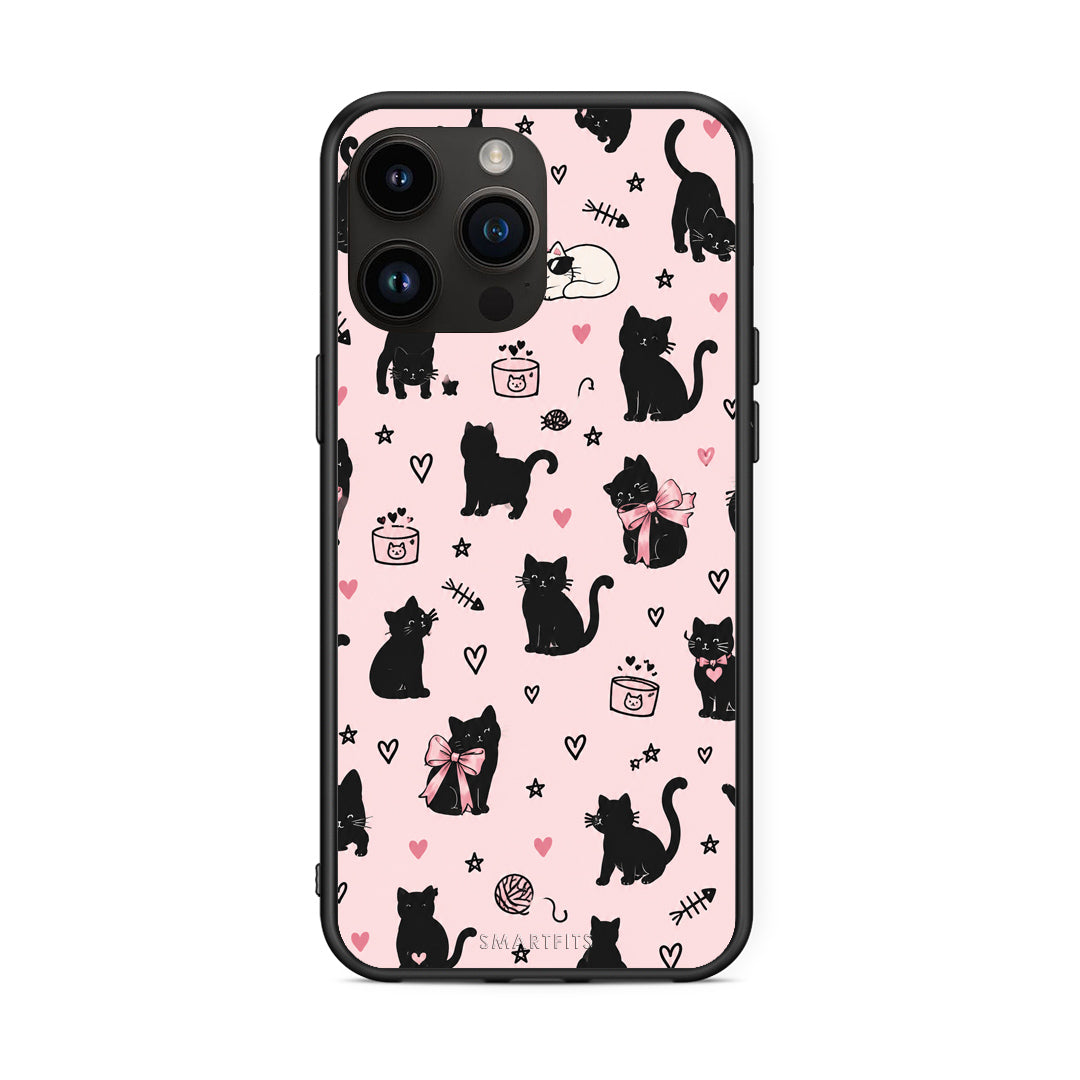 Θήκη iPhone 14 Pro Max Black Cat Doodles on Pink από τη Smartfits με σχέδιο στο πίσω μέρος και μαύρο περίβλημα | iPhone 14 Pro Max Black Cat Doodles on Pink case with colorful back and black bezels