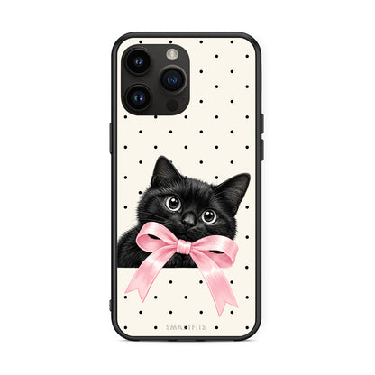Θήκη iPhone 15 Pro Max Black Kitten Pink Bow and Polka Dots από τη Smartfits με σχέδιο στο πίσω μέρος και μαύρο περίβλημα | iPhone 15 Pro Max Black Kitten Pink Bow and Polka Dots case with colorful back and black bezels