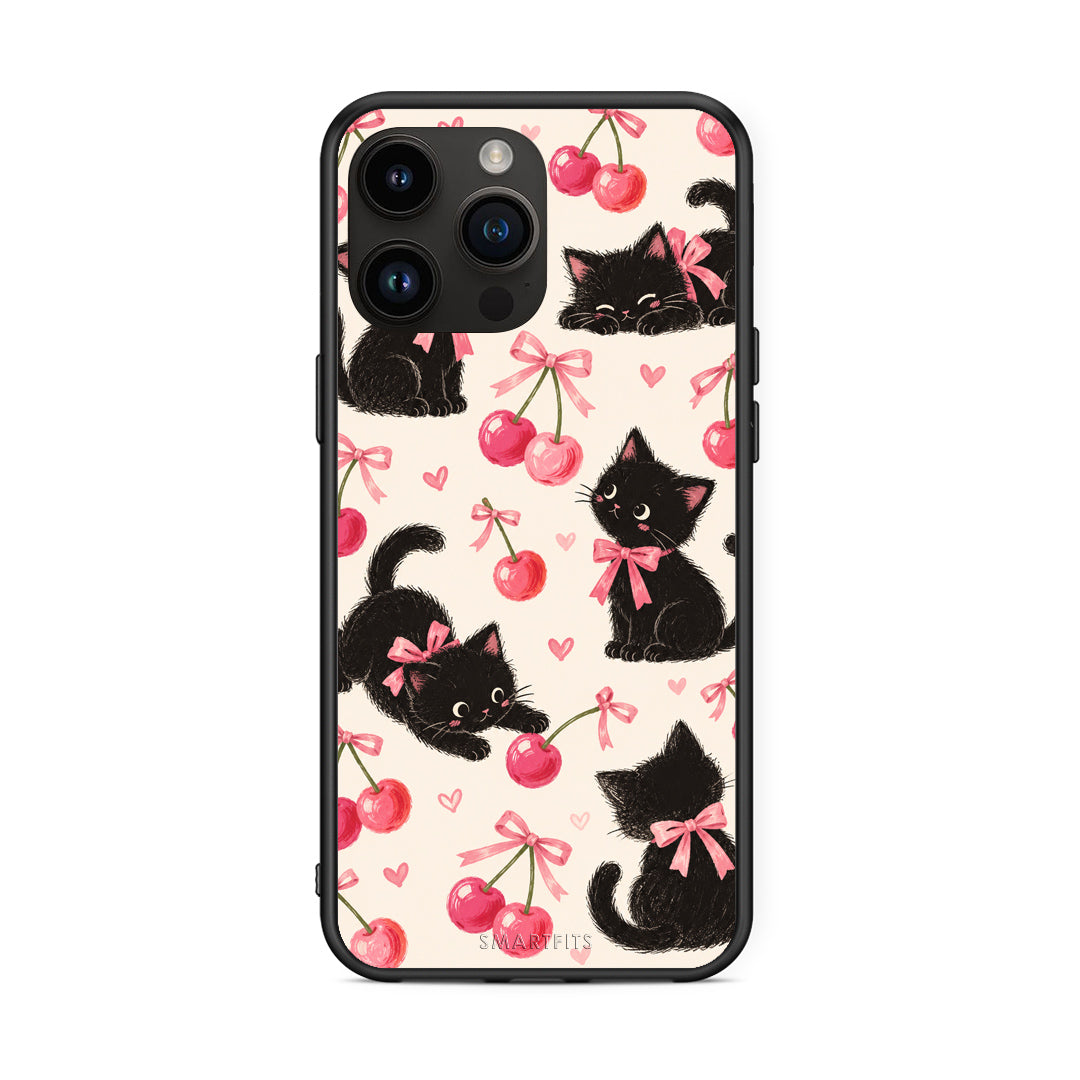 Θήκη iPhone 15 Pro Max Black Kittens and Cherries on Cream από τη Smartfits με σχέδιο στο πίσω μέρος και μαύρο περίβλημα | iPhone 15 Pro Max Black Kittens and Cherries on Cream case with colorful back and black bezels