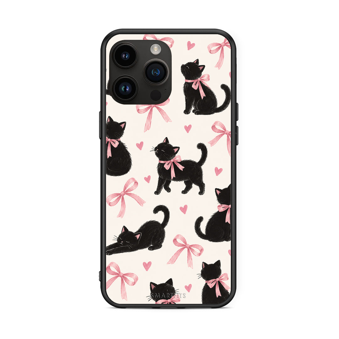 Θήκη iPhone 15 Pro Max Black Kittens and Pink Bows on Cream Large από τη Smartfits με σχέδιο στο πίσω μέρος και μαύρο περίβλημα | iPhone 15 Pro Max Black Kittens and Pink Bows on Cream Large case with colorful back and black bezels
