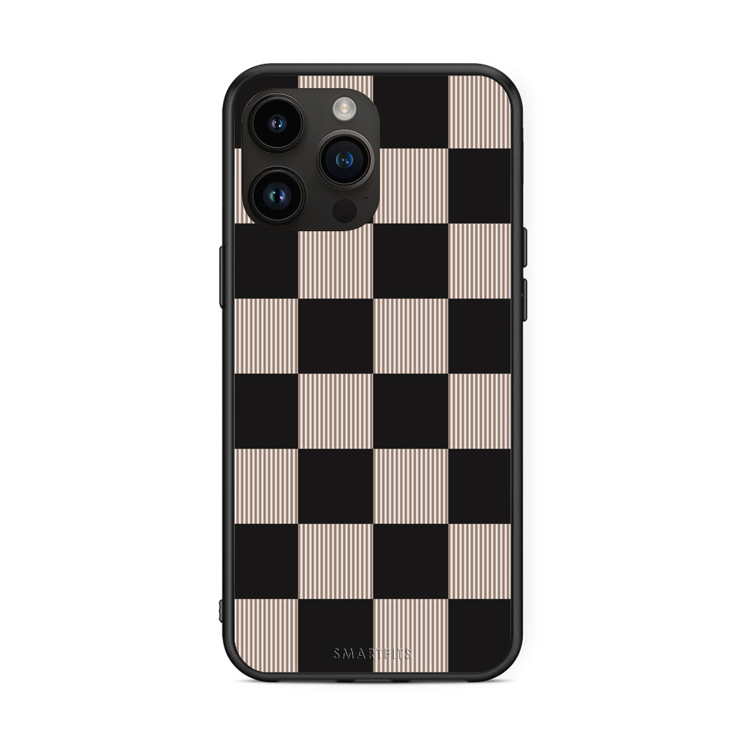 Θήκη iPhone 15 Pro Max Black and Taupe Striped Checks από τη Smartfits με σχέδιο στο πίσω μέρος και μαύρο περίβλημα | iPhone 15 Pro Max Black and Taupe Striped Checks case with colorful back and black bezels