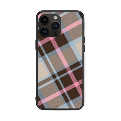 Θήκη iPhone 15 Pro Max Brown Pink and Blue Diagonal Plaid από τη Smartfits με σχέδιο στο πίσω μέρος και μαύρο περίβλημα | iPhone 15 Pro Max Brown Pink and Blue Diagonal Plaid case with colorful back and black bezels