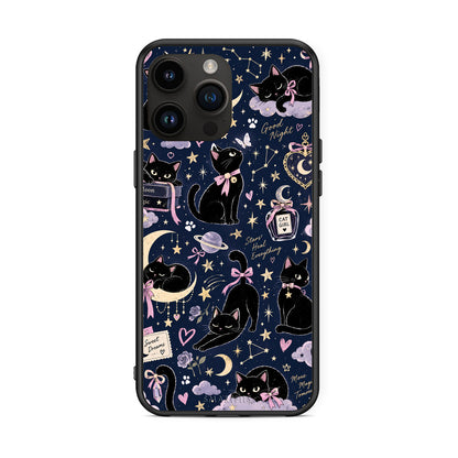 Θήκη iPhone 15 Pro Max Celestial Black Cats on Navy από τη Smartfits με σχέδιο στο πίσω μέρος και μαύρο περίβλημα | iPhone 15 Pro Max Celestial Black Cats on Navy case with colorful back and black bezels