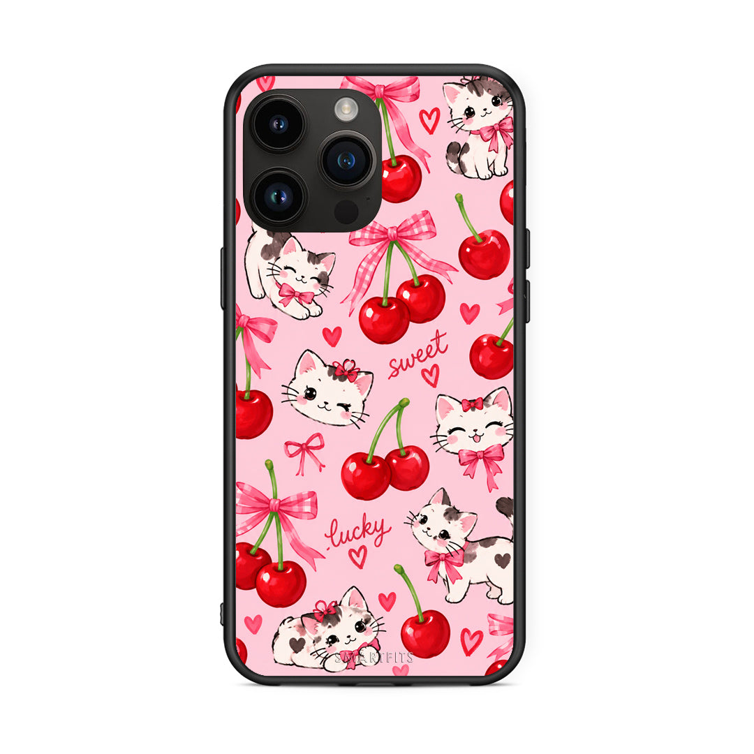 Θήκη iPhone 15 Pro Max Cherries Bows and Kittens on Pink από τη Smartfits με σχέδιο στο πίσω μέρος και μαύρο περίβλημα | iPhone 15 Pro Max Cherries Bows and Kittens on Pink case with colorful back and black bezels