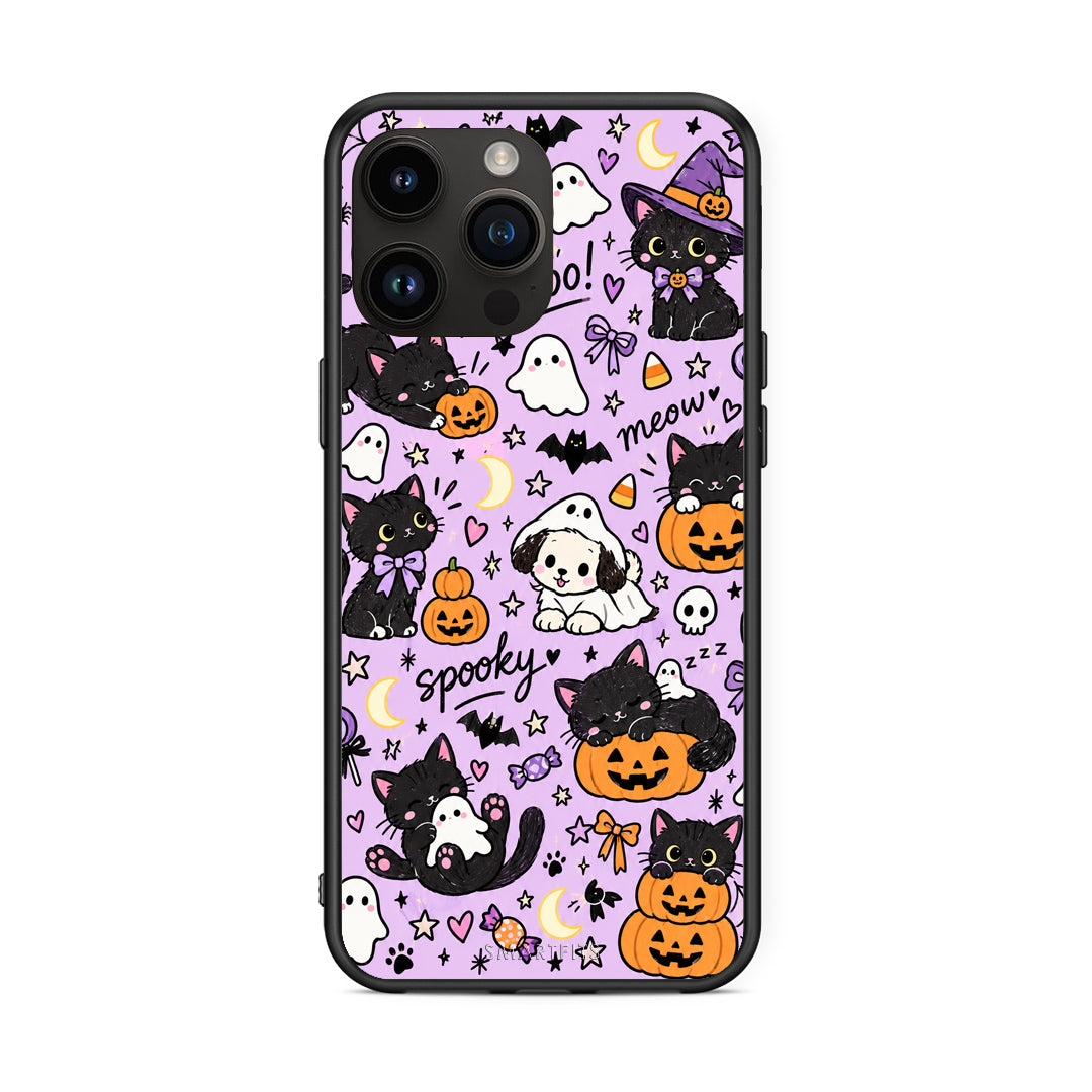 Θήκη iPhone 15 Pro Max Halloween Black Cats on Lilac από τη Smartfits με σχέδιο στο πίσω μέρος και μαύρο περίβλημα | iPhone 15 Pro Max Halloween Black Cats on Lilac case with colorful back and black bezels