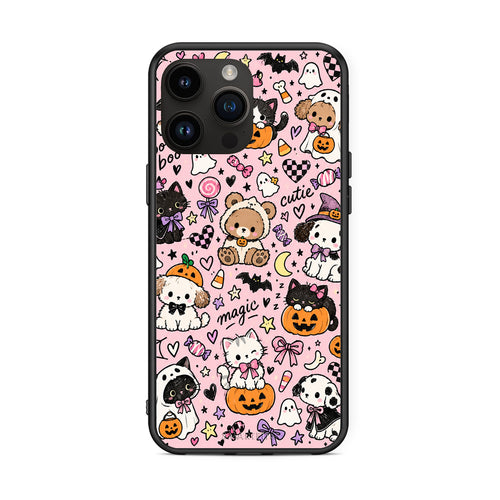 Θήκη iPhone 15 Pro Max Halloween Cute Animals on Pink από τη Smartfits με σχέδιο στο πίσω μέρος και μαύρο περίβλημα | iPhone 15 Pro Max Halloween Cute Animals on Pink case with colorful back and black bezels