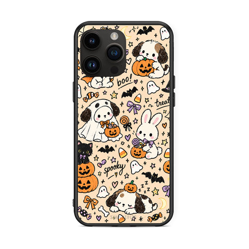 Θήκη iPhone 15 Pro Max Halloween Puppies and Friends on Cream από τη Smartfits με σχέδιο στο πίσω μέρος και μαύρο περίβλημα | iPhone 15 Pro Max Halloween Puppies and Friends on Cream case with colorful back and black bezels
